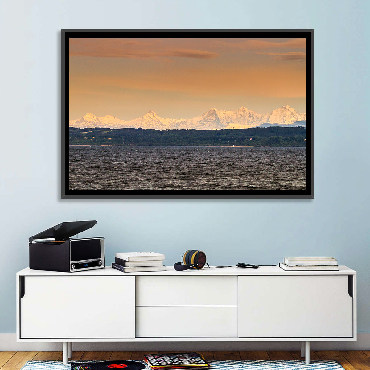 Lake Neuchatel Golden Hour Wall Art in a room, landscape