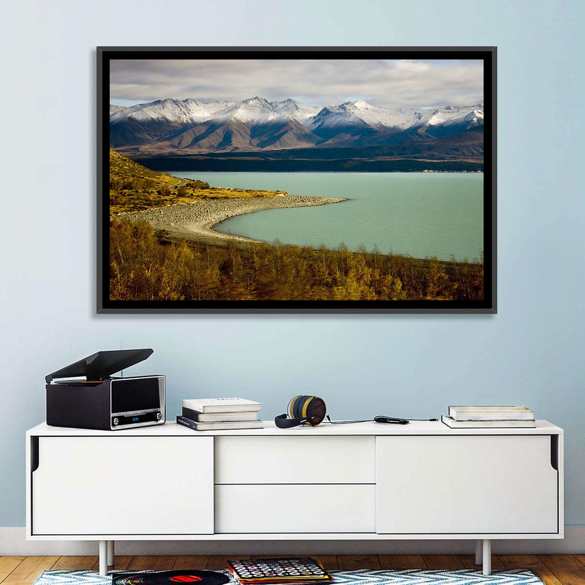 Lake Pukaki Autumn Shoreline Wall Art in a room, landscape