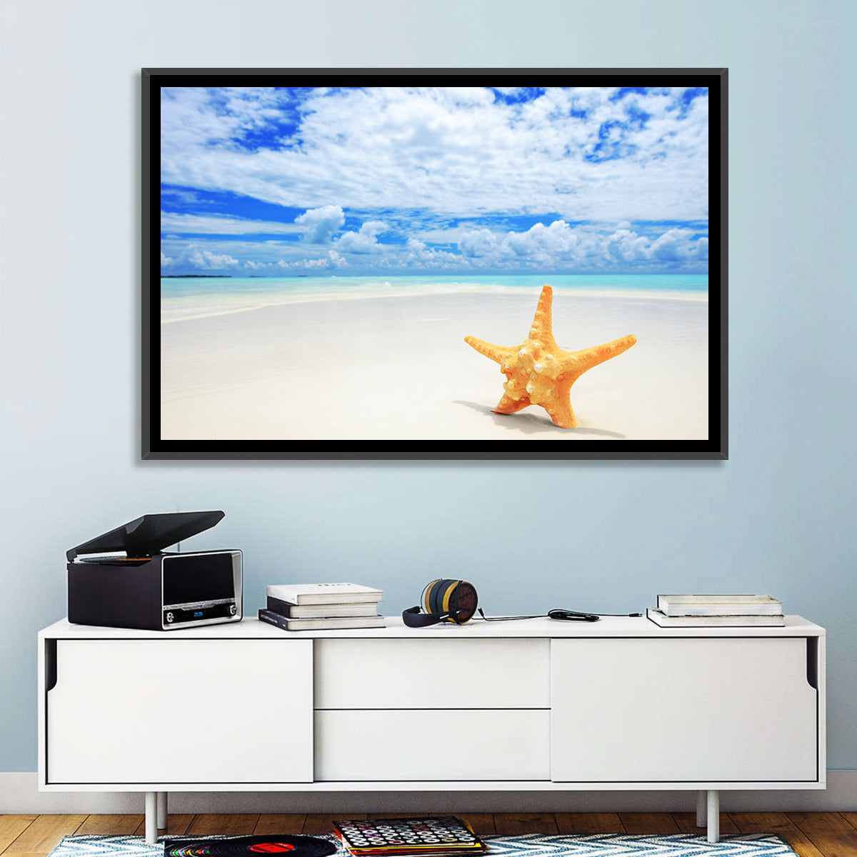 Minimalist Yellow Starfish on Turquoise Shore Wall Art in a room, landscape