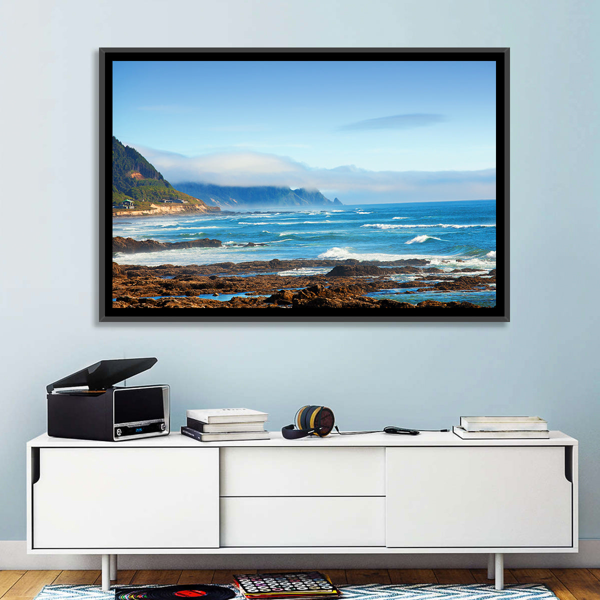 Misty Oregon Coast Tide Pools Wall Art in a room, landscape