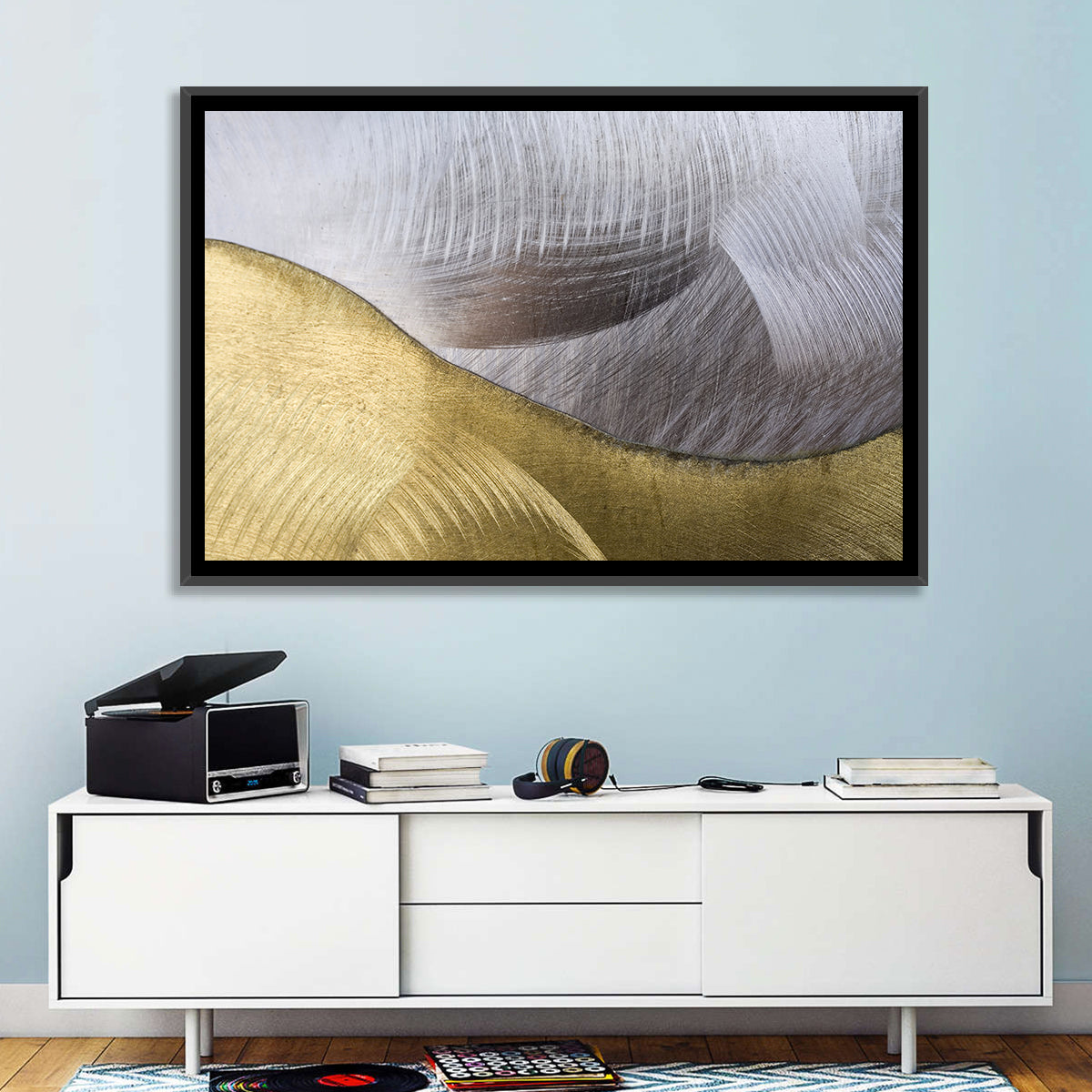 Thin Line Metallic Abstract Wall Art in a room, landscape