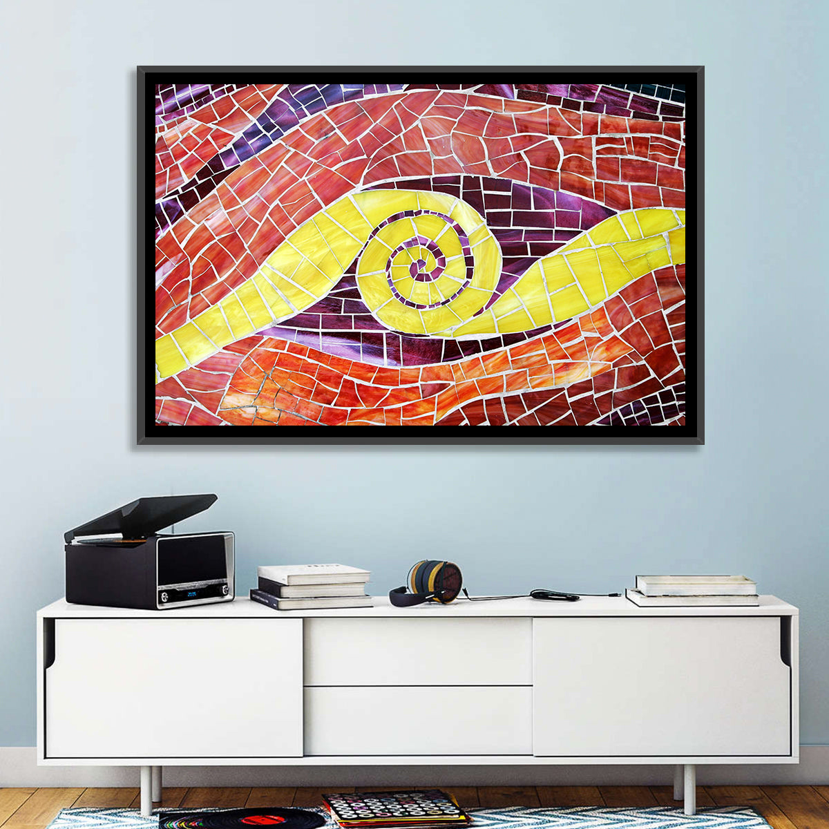 Red and Yellow Spiral Mosaic Wall Art in a room, landscape