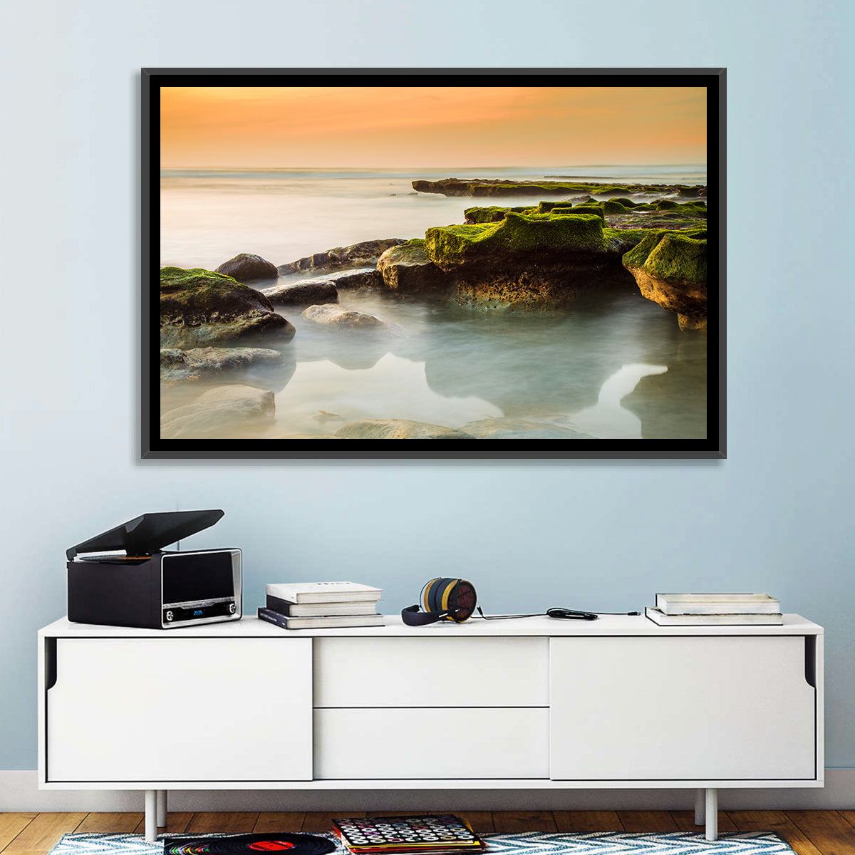 Mossy Rocky Coastline at Golden Hour Wall Art in a room, landscape