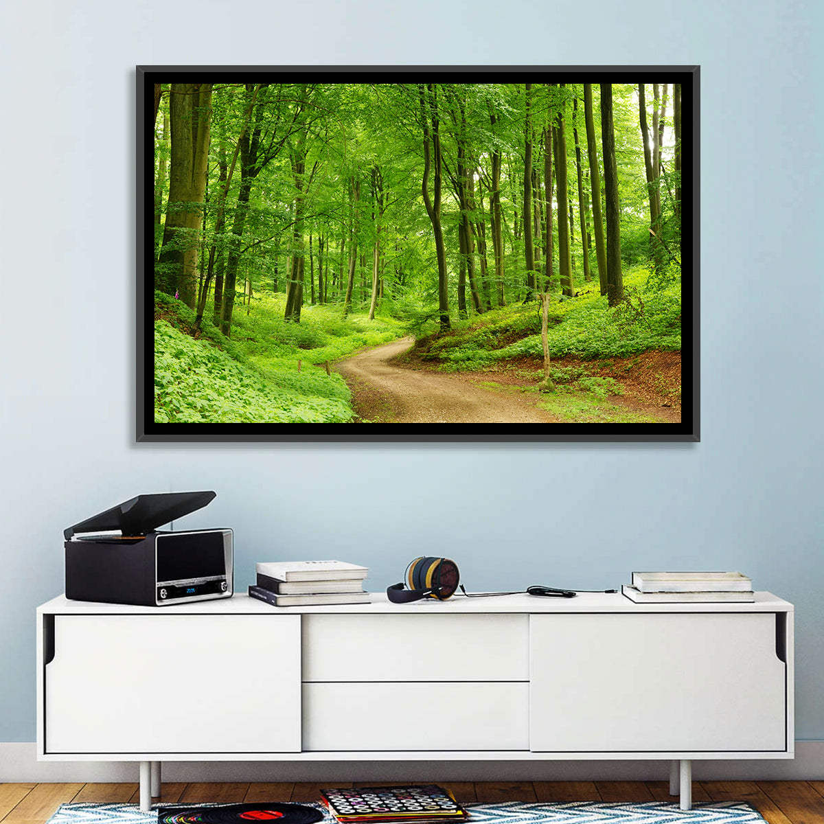 Sunlit Forest Path Wall Art in a room, landscape