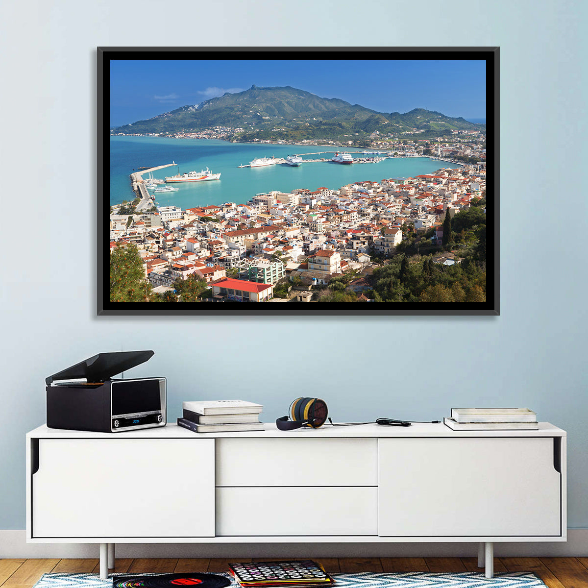 Zakynthos Harbor View Wall Art in a room, landscape