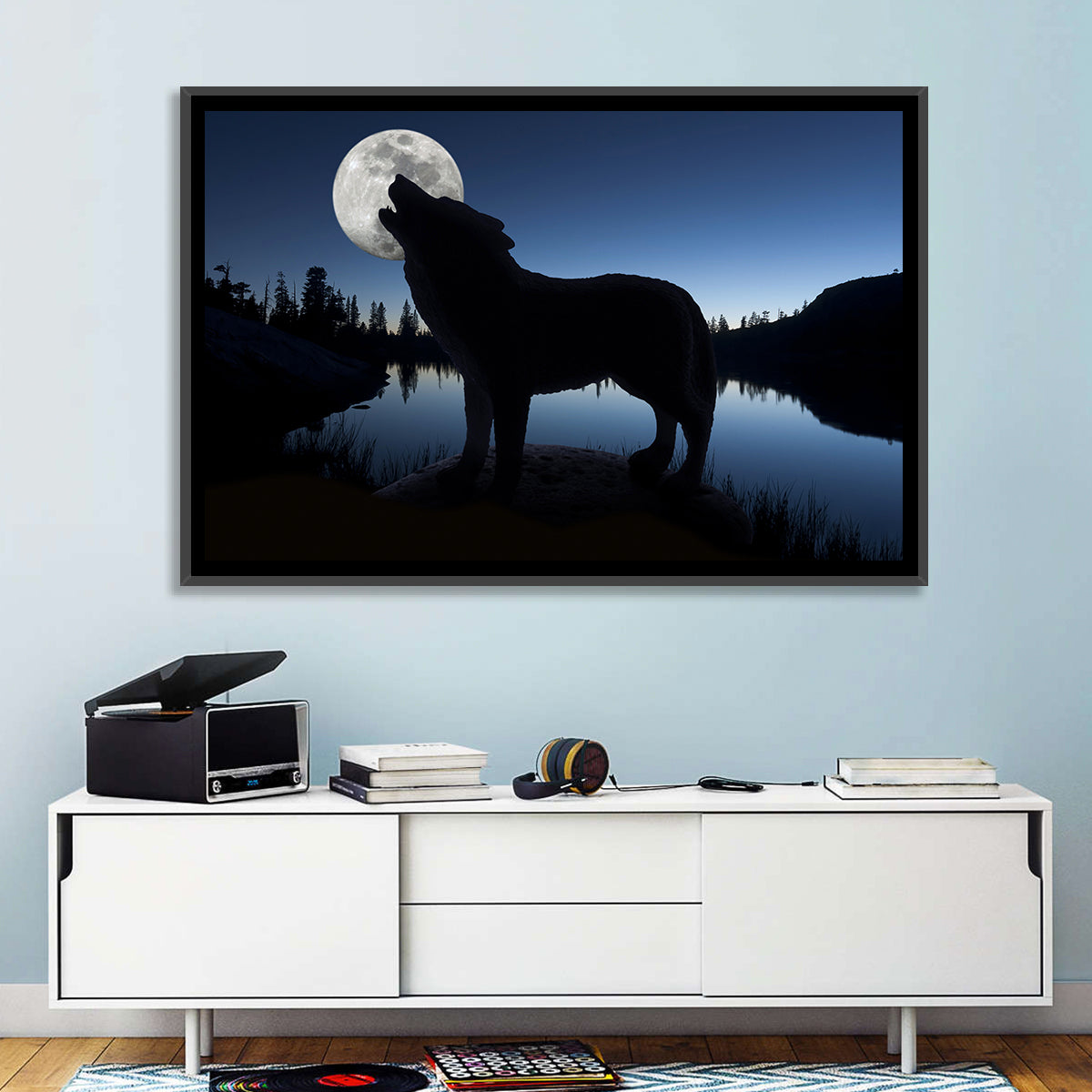 Howling Wolf at Full Moon Wall Art in a room, landscape