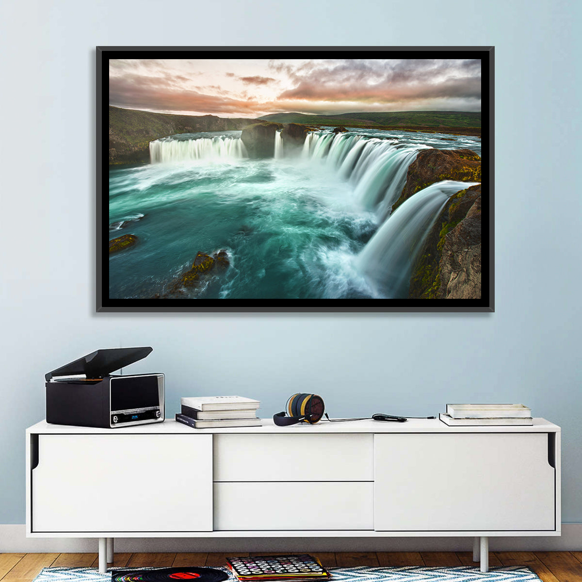 Goðafoss Waterfall at Golden Hour Wall Art in a room, landscape