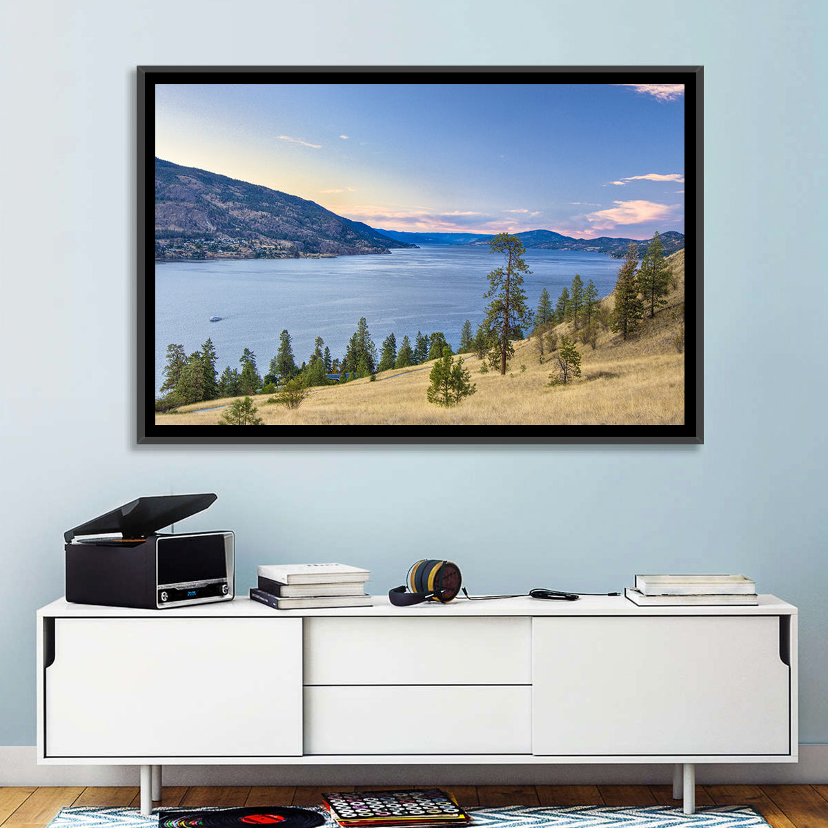 Blue Lake Okanagan Wall Art in a room, landscape