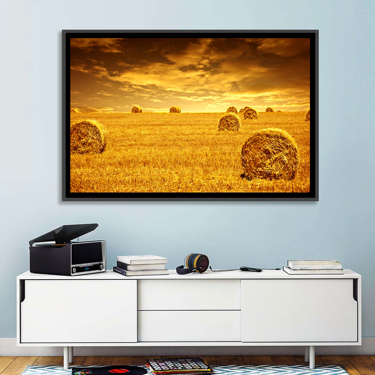 Golden Hour Haystacks Wall Art in a room, landscape