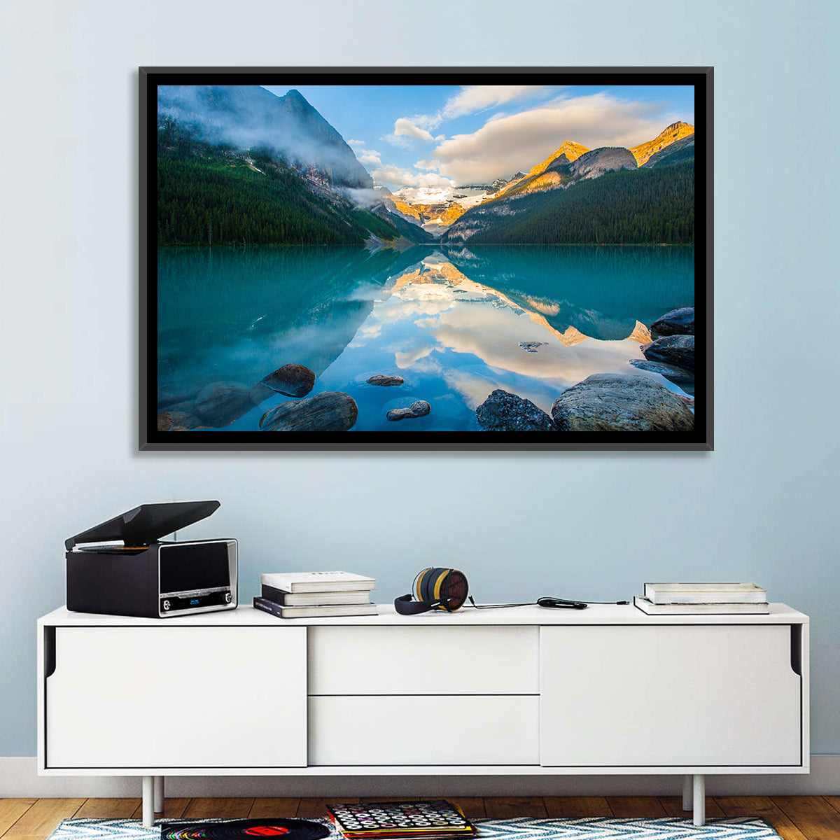 Lake Louise Sunrise Reflection Wall Art in a room, landscape