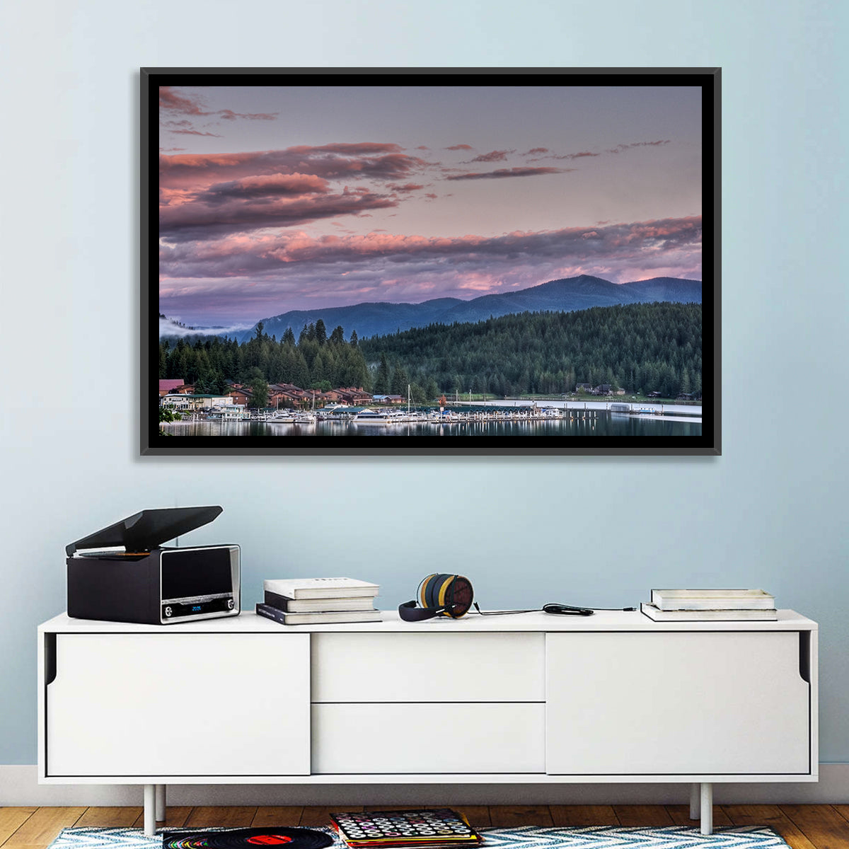 Lake Pend Oreille Twilight Reflection Wall Art in a room, landscape