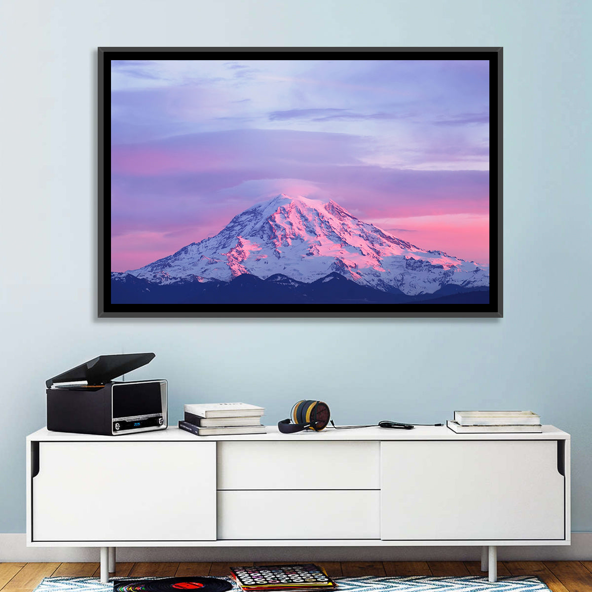 Mount Rainier Alpenglow with Lenticular Cloud Wall Art in a room, landscape
