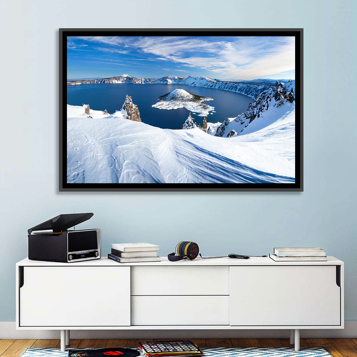 Crater Lake with Wizard Island Wall Art in a room, landscape