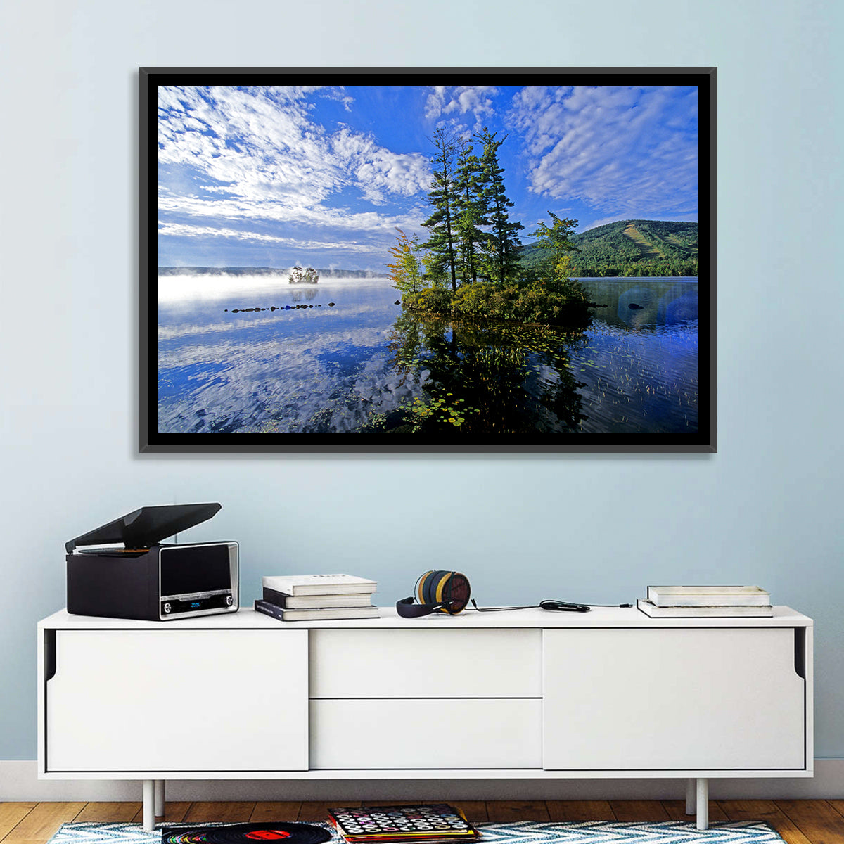 Misty Maine Lake Wall Art in a room, landscape