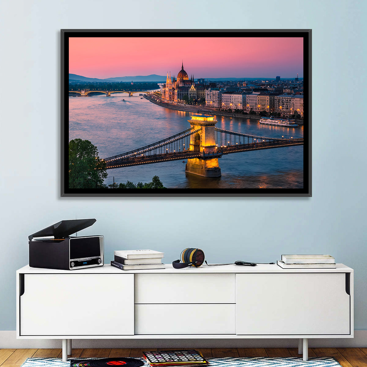 Budapest Chain Bridge at Twilight Wall Art in a room, landscape