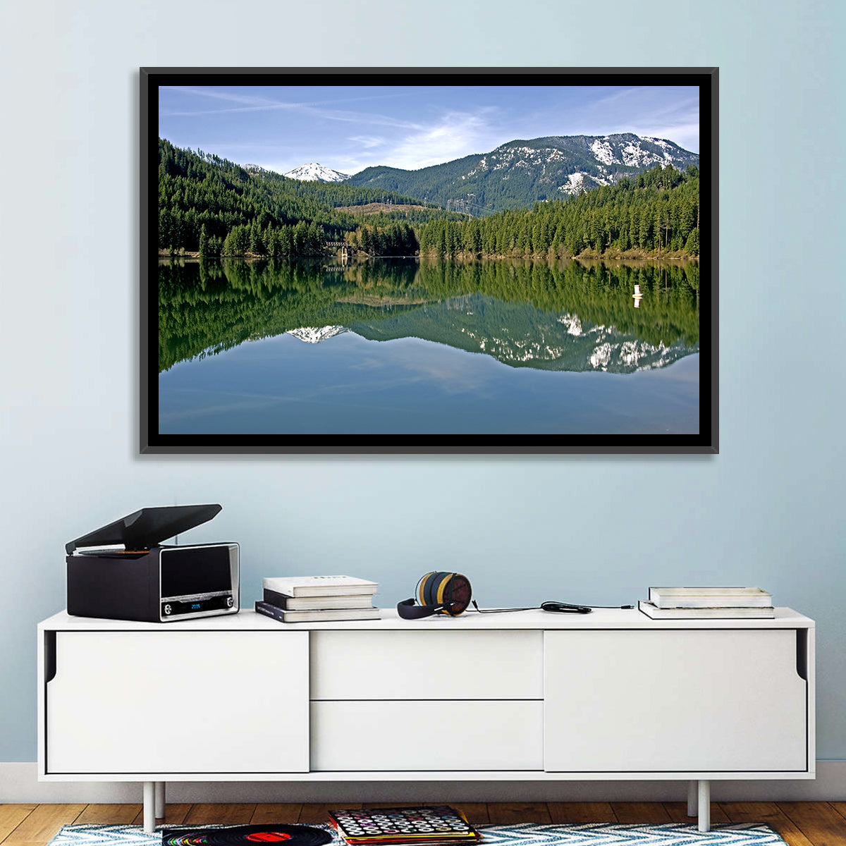 Lake Crescent Reflection Wall Art in a room, landscape