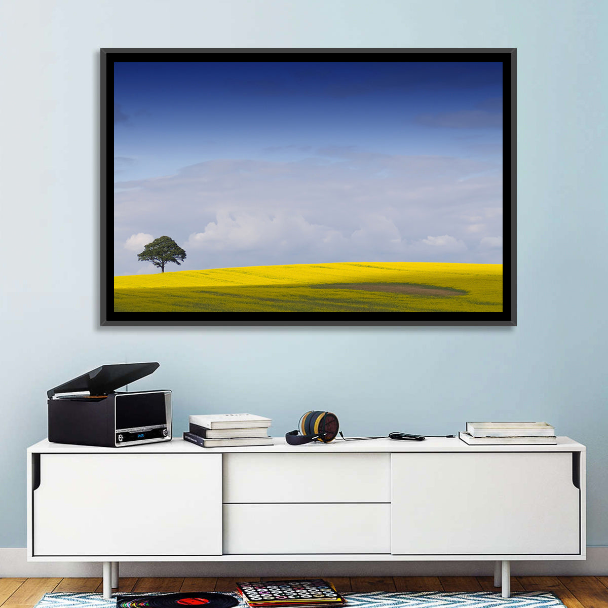 Solitary Tree Over Rapeseed Field Wall Art in a room, landscape