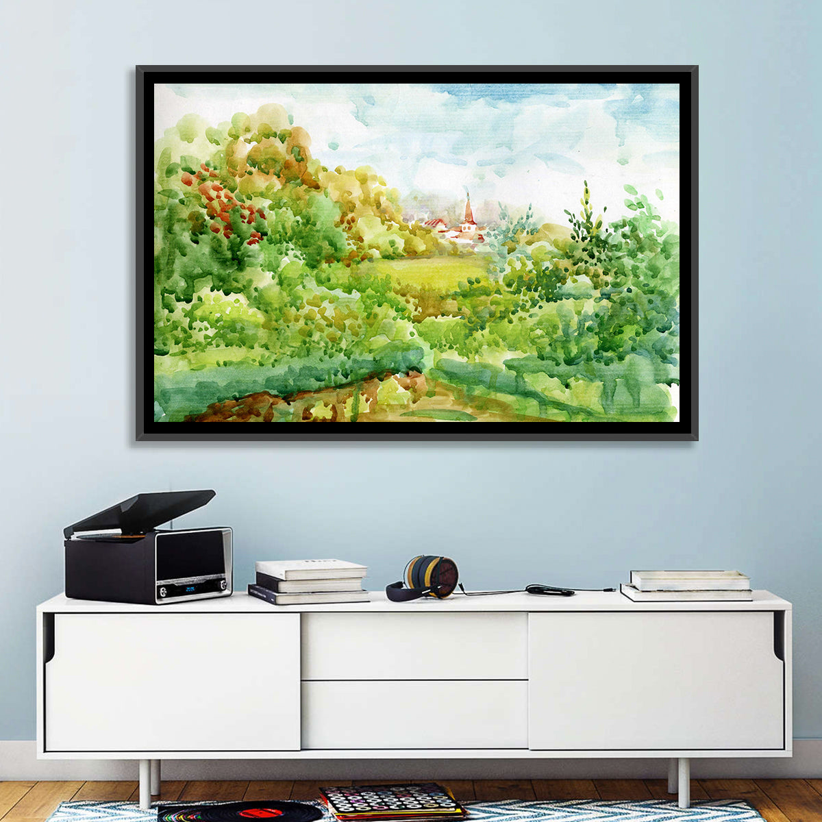 Red Steeple Village Watercolor Wall Art in a room, landscape