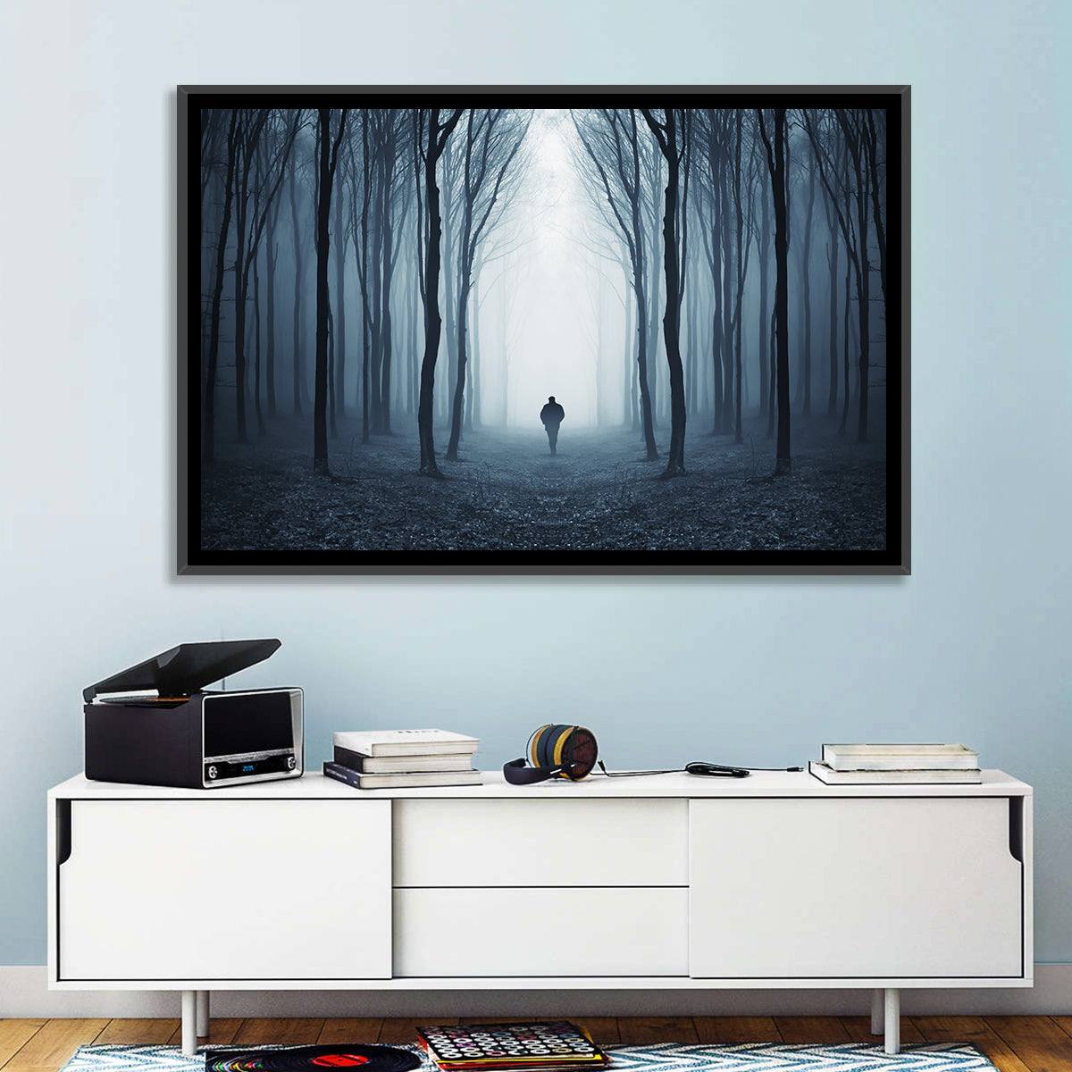 Lone Figure in Misty Forest Wall Art in a room, landscape