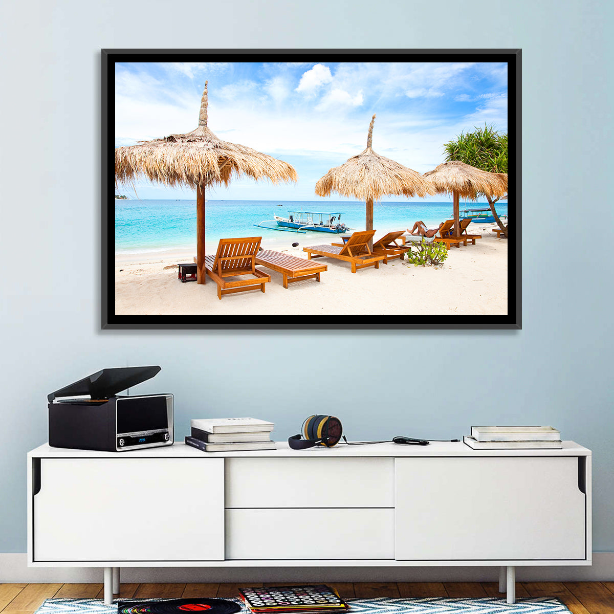 Gili Meno Beach with Thatched Umbrellas Wall Art in a room, landscape