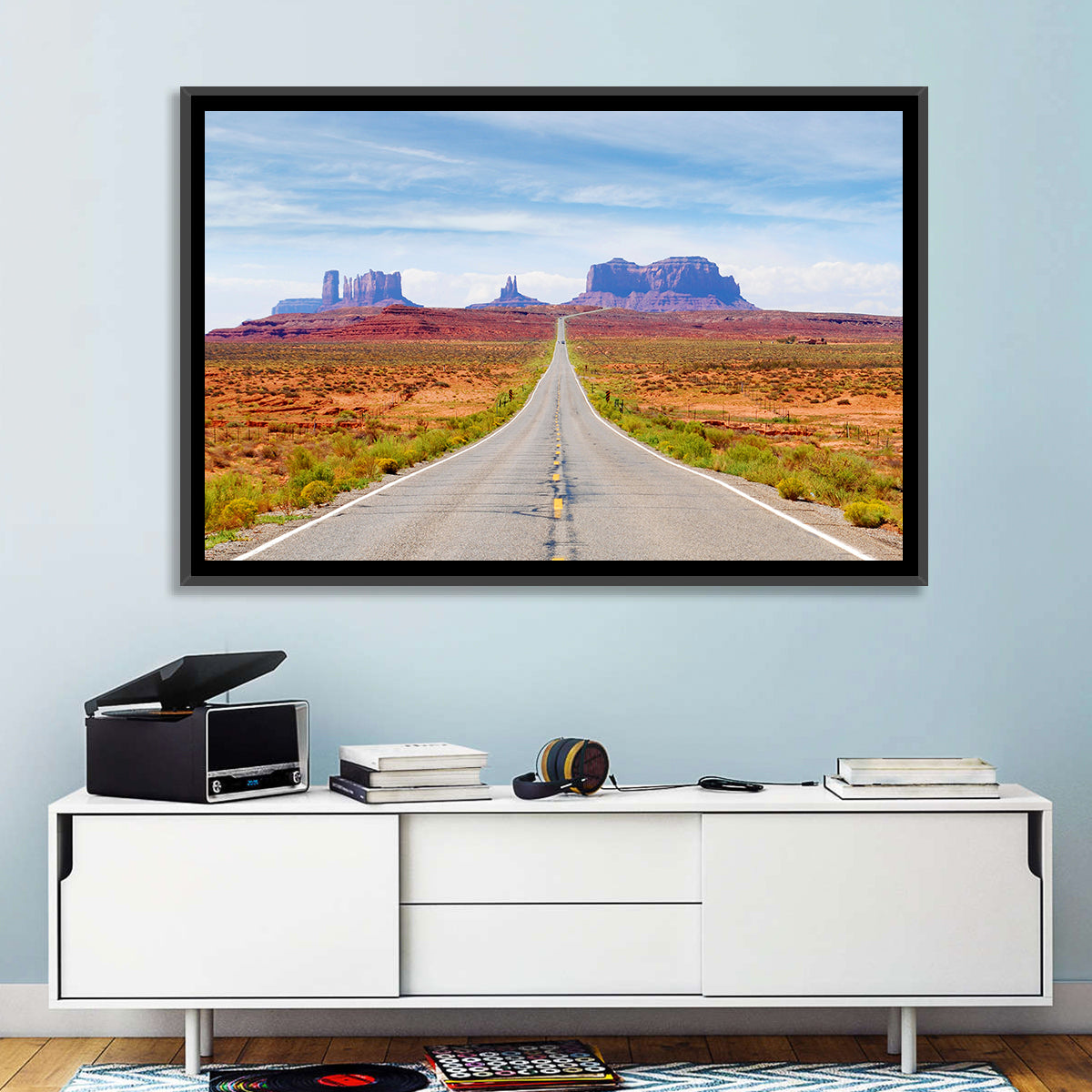 Highway 163 Into Monument Valley Wall Art in a room, landscape