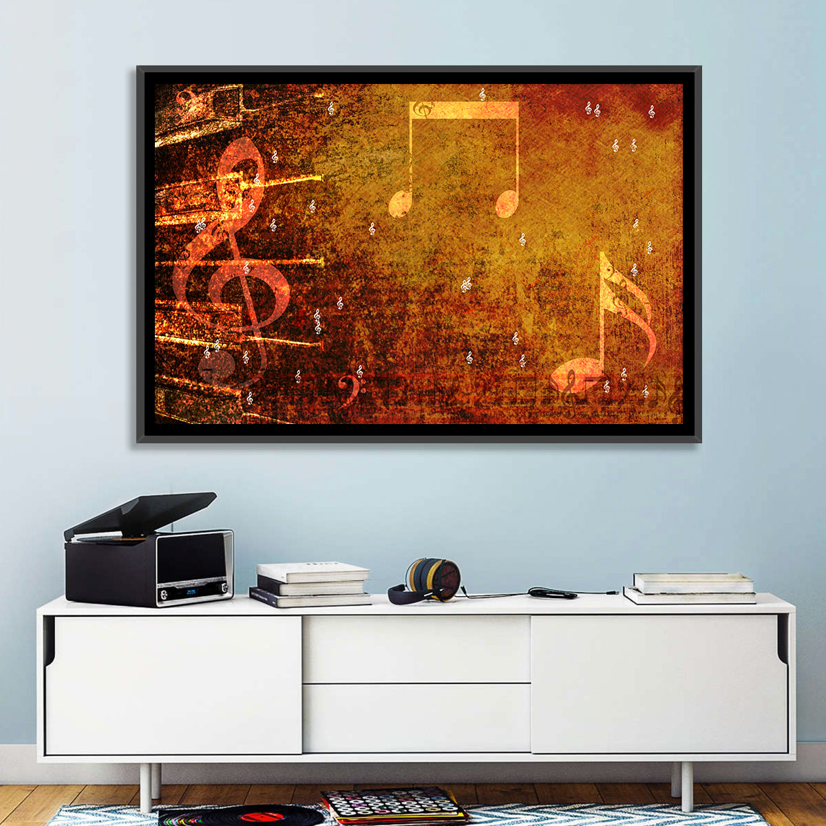 Grunge Sheet Music Collage Wall Art in a room, landscape