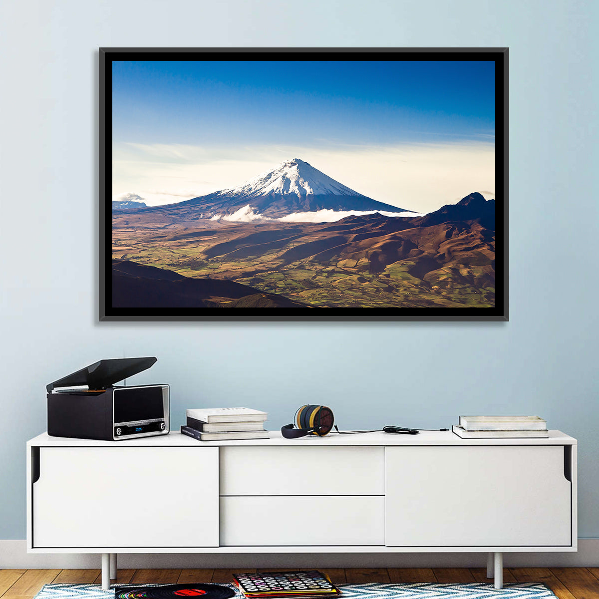Cotopaxi Volcano Landscape Wall Art in a room, landscape
