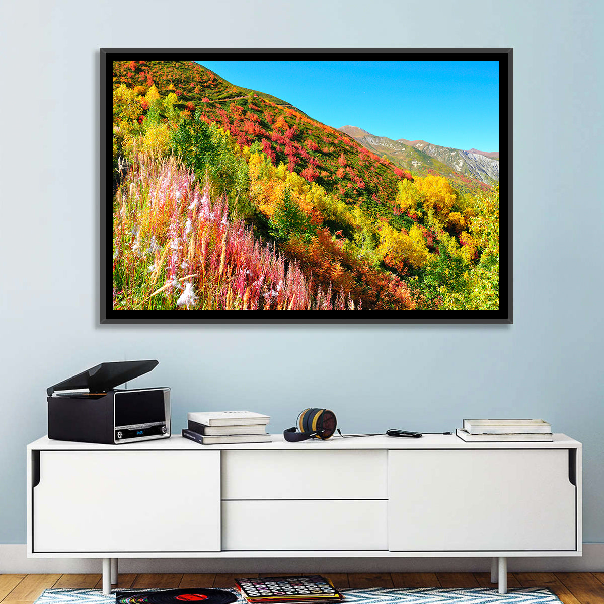 Svaneti Autumn Mountain Landscape Wall Art in a room, landscape