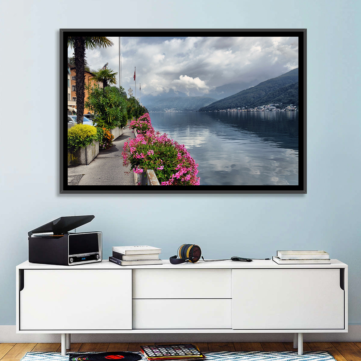Lake Lugano Floral Walkway Wall Art in a room, landscape