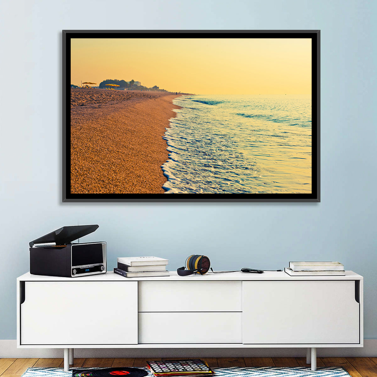 Tranquil Beach Sunrise Wall Art in a room, landscape