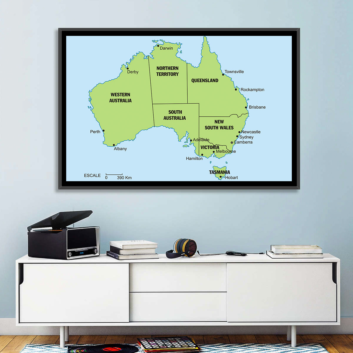 Minimalist Australia Map with State Labels Wall Art in a room, landscape