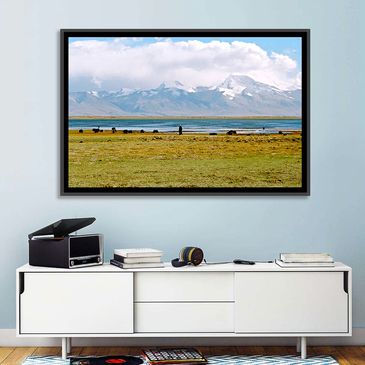 Mount Kailash from Lake Manasarovar Wall Art in a room, landscape