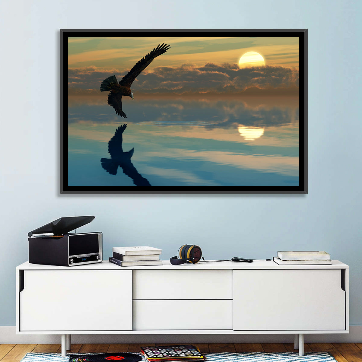 Bald Eagle Sunset Reflection Wall Art in a room, landscape