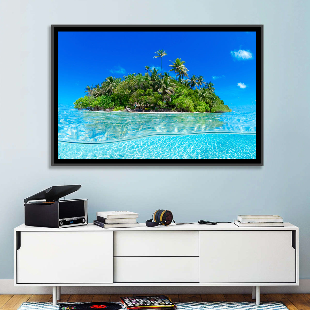 Tropical Island Lagoon Split-level Seascape Wall Art in a room, landscape