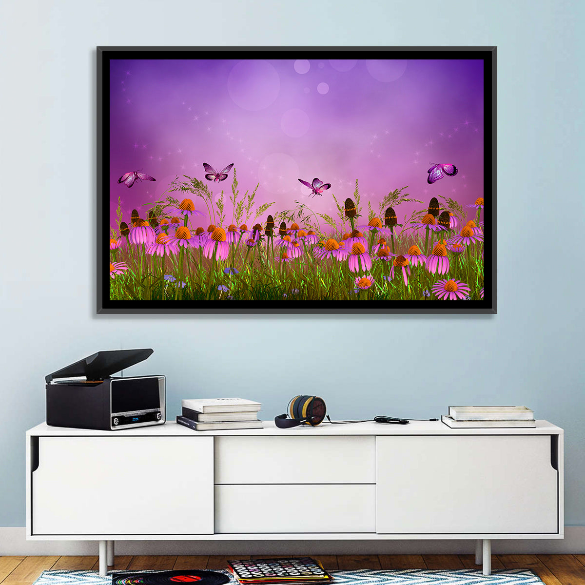 Purple Coneflower Butterfly Meadow Wall Art in a room, landscape