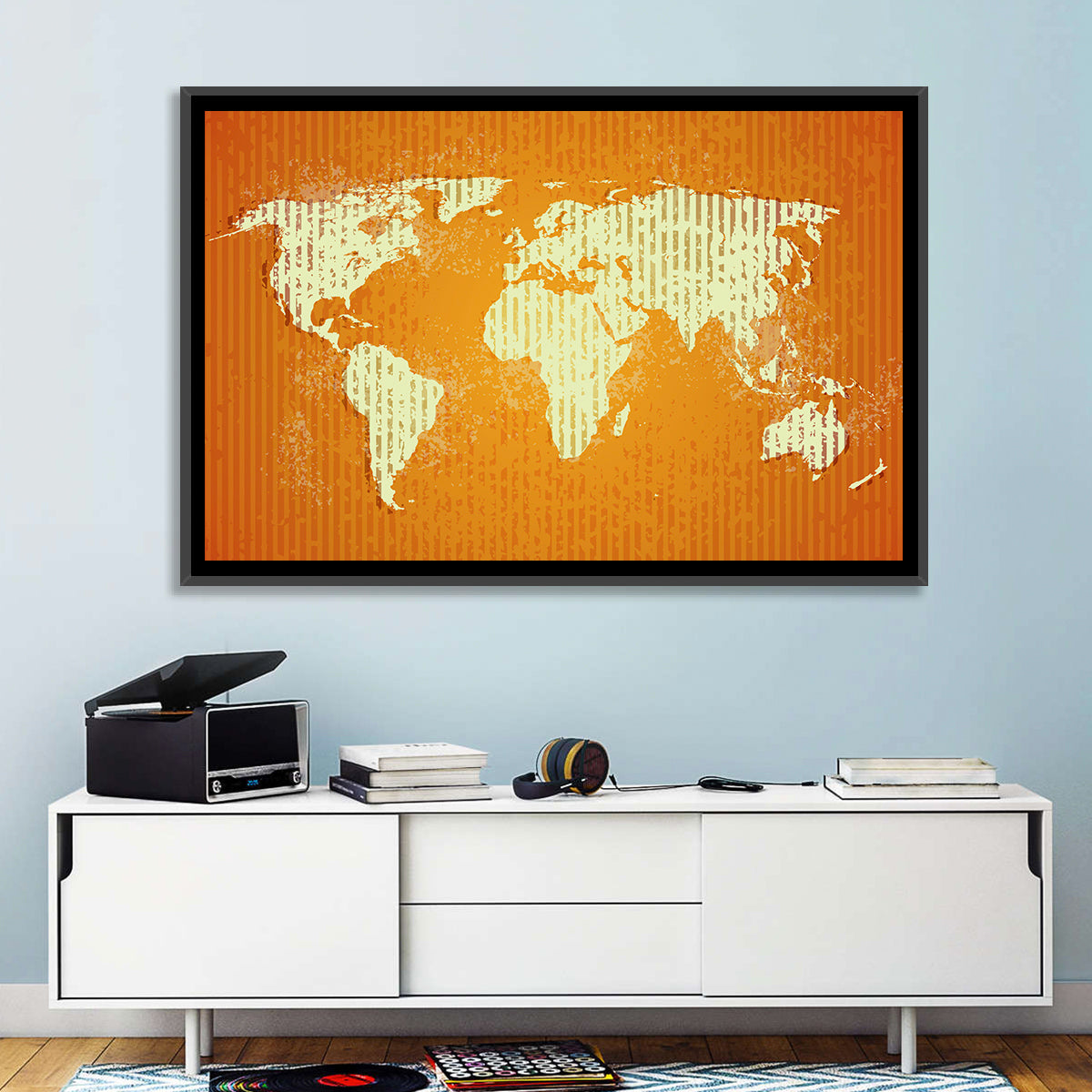 Vintage Orange World Map Wall Art in a room, landscape