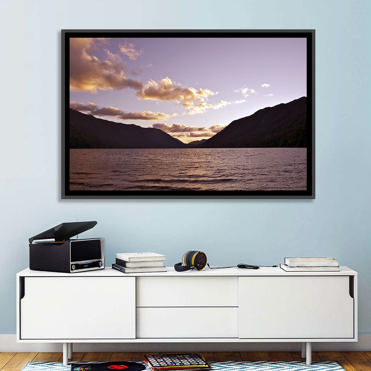 Purple Sunset Over Lake Crescent Wall Art in a room, landscape