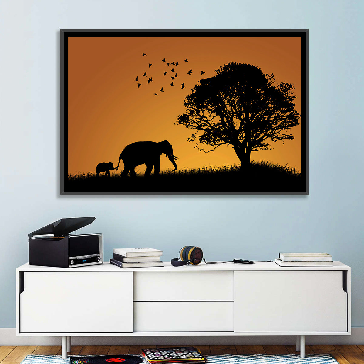 Elephant Family at Golden Sunset Wall Art