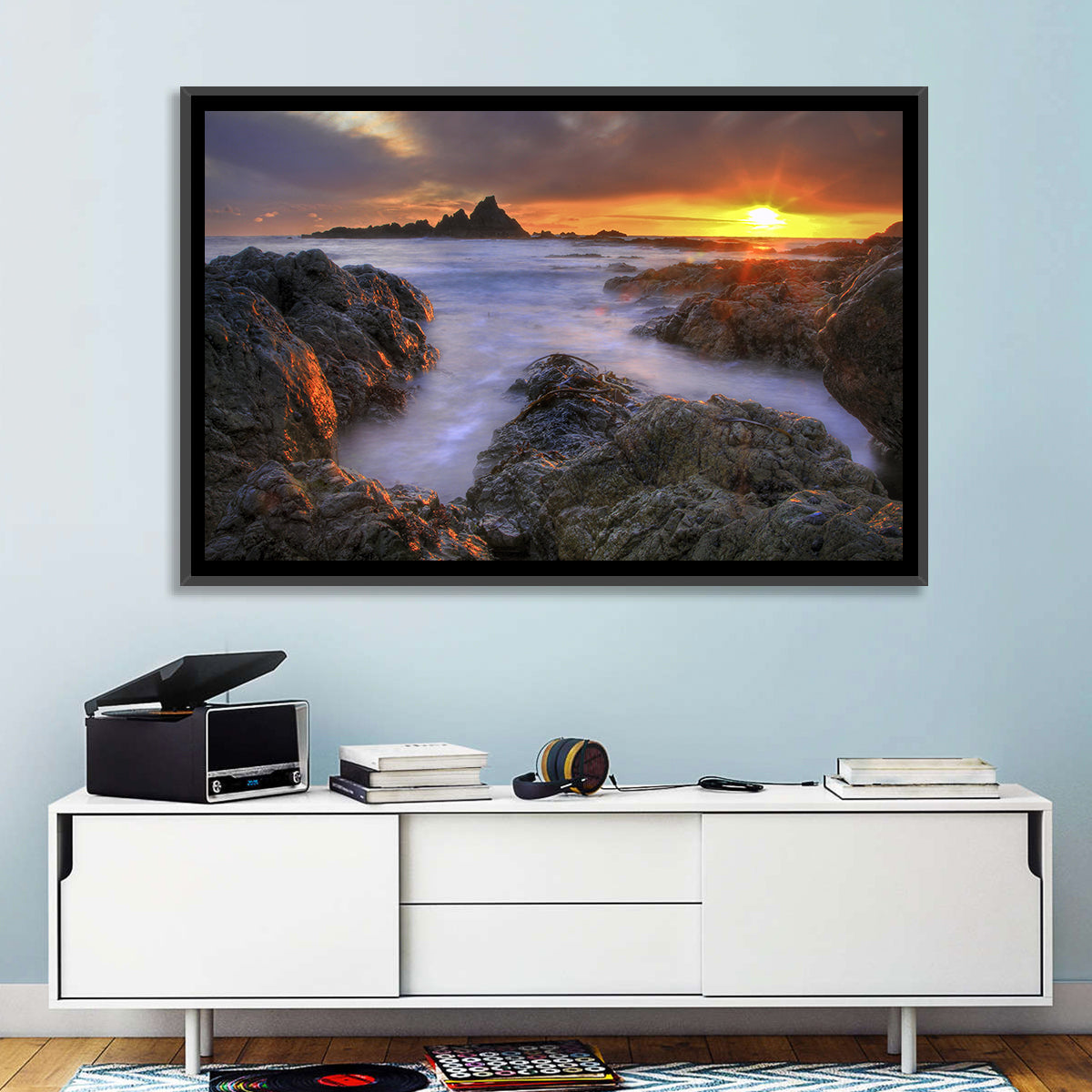Tramore Rocky Coast Sunset Wall Art in a room, landscape