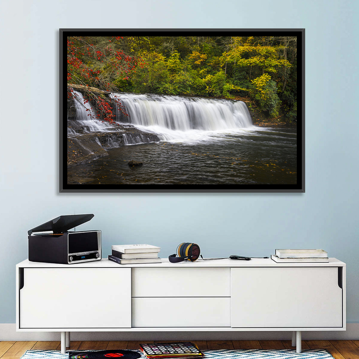 Dupont State Forest Autumn Waterfall Stream Wall Art in a room, landscape