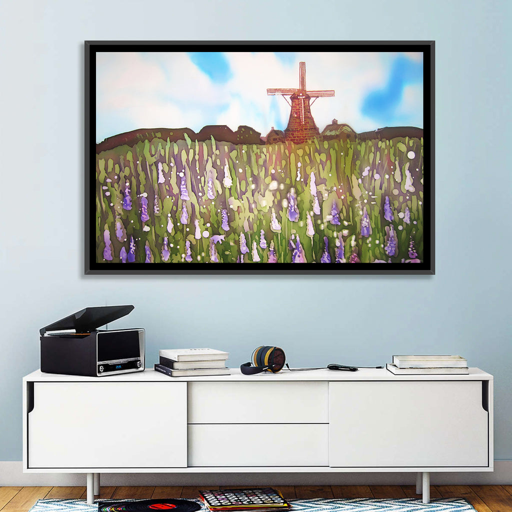 Ink Wash Windmill in Blooming Field Wall Art