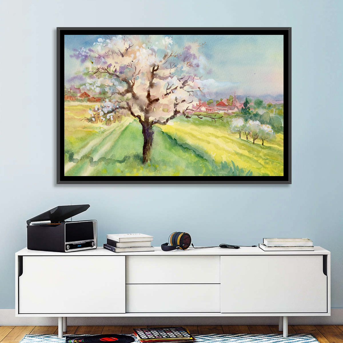 Spring Village Watercolor Wall Art in a room, landscape