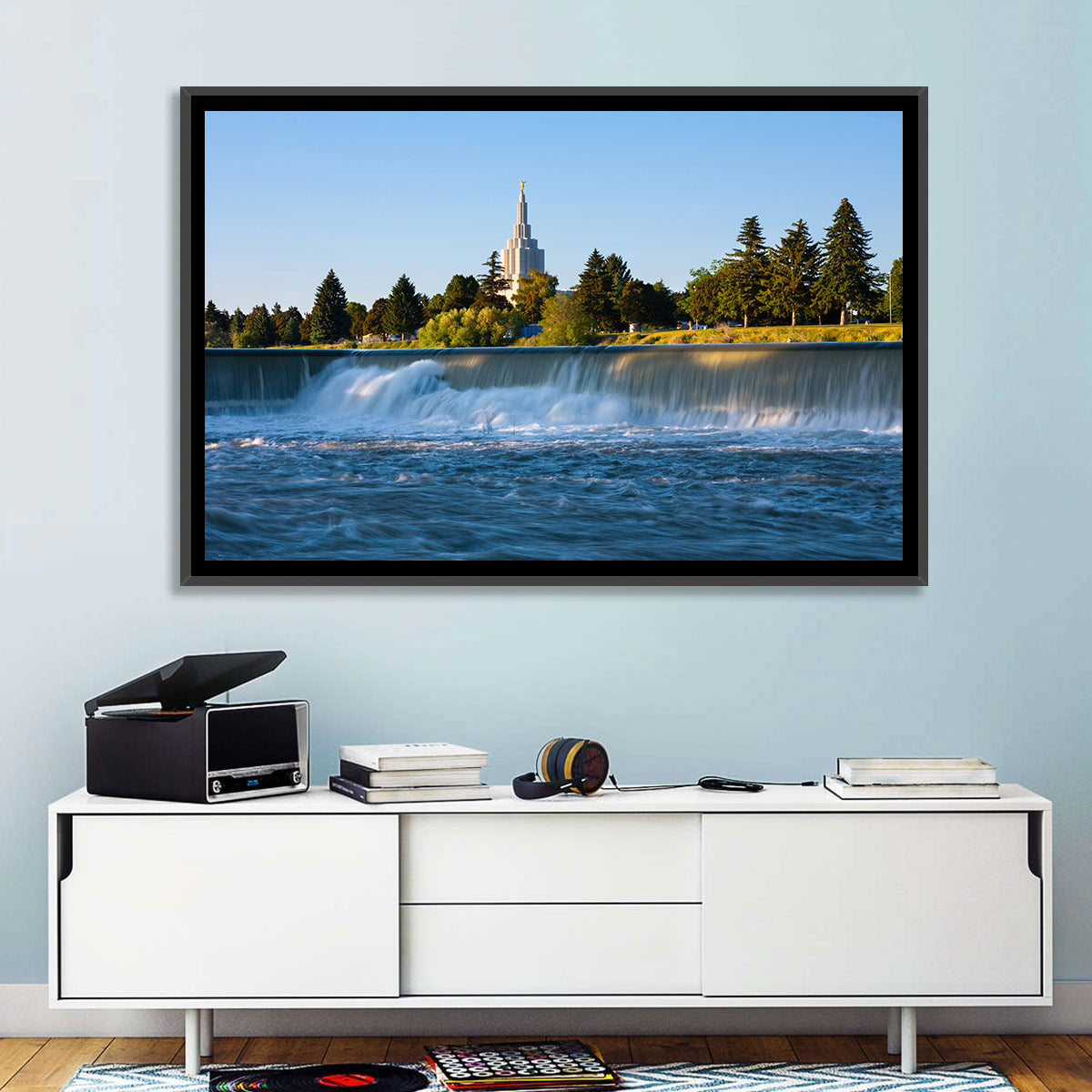 Idaho Falls Temple and Waterfall Wall Art in a room, landscape