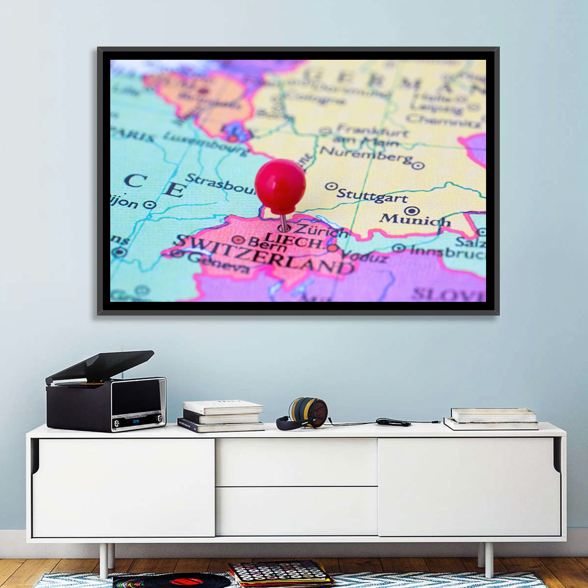 Zurich Map with Red Pin Wall Art in a room, landscape