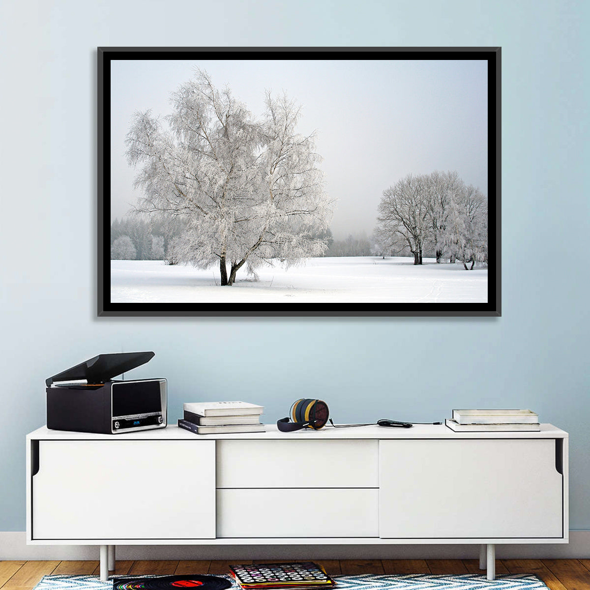 Frosted Birch Grove Wall Art in a room, landscape