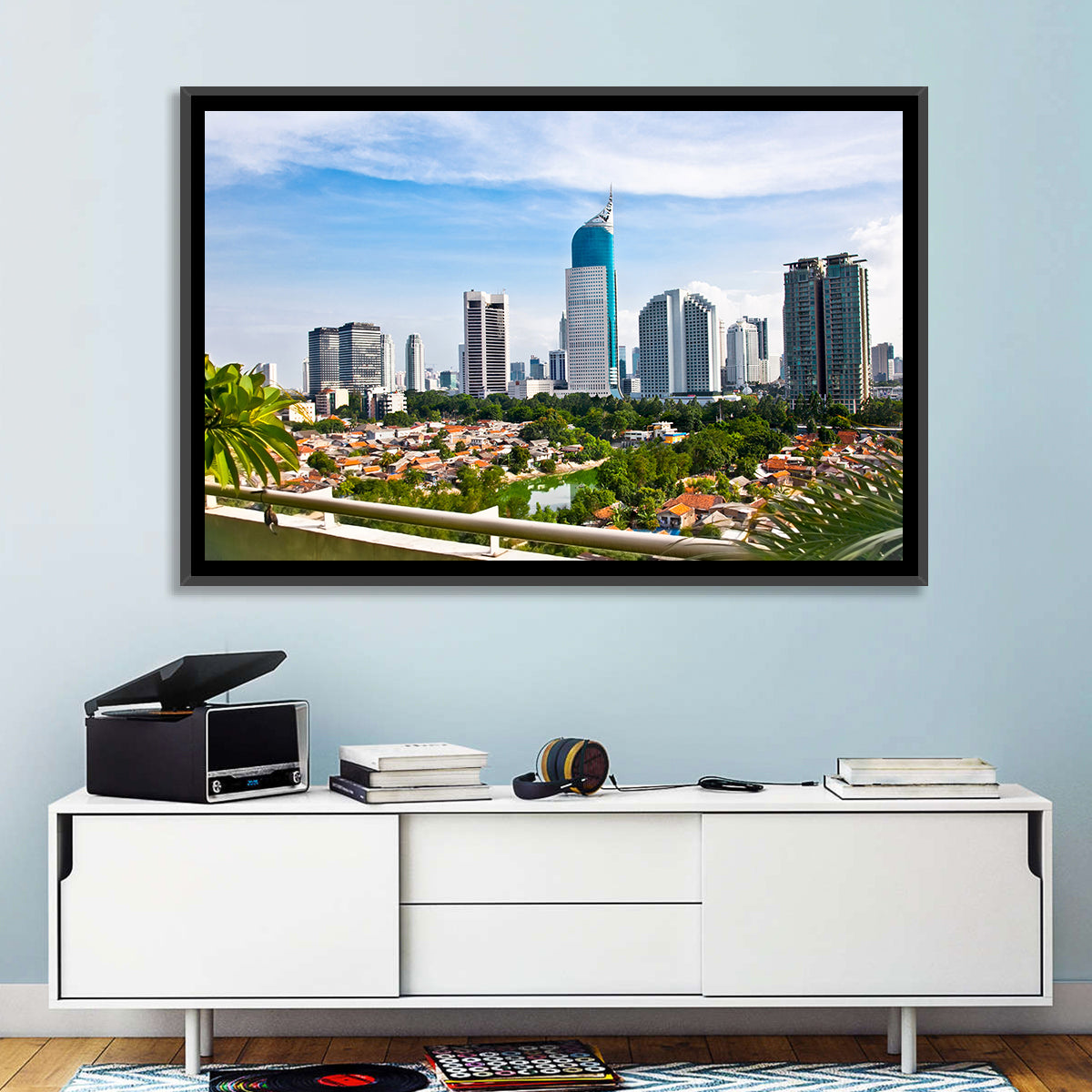 Jakarta Skyline with Wisma 46 Wall Art in a room, landscape