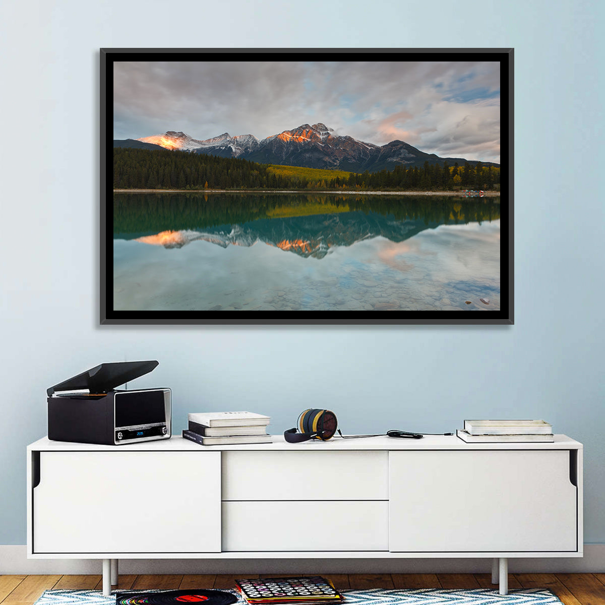 Patricia Lake Golden Hour Reflection Wall Art in a room, landscape