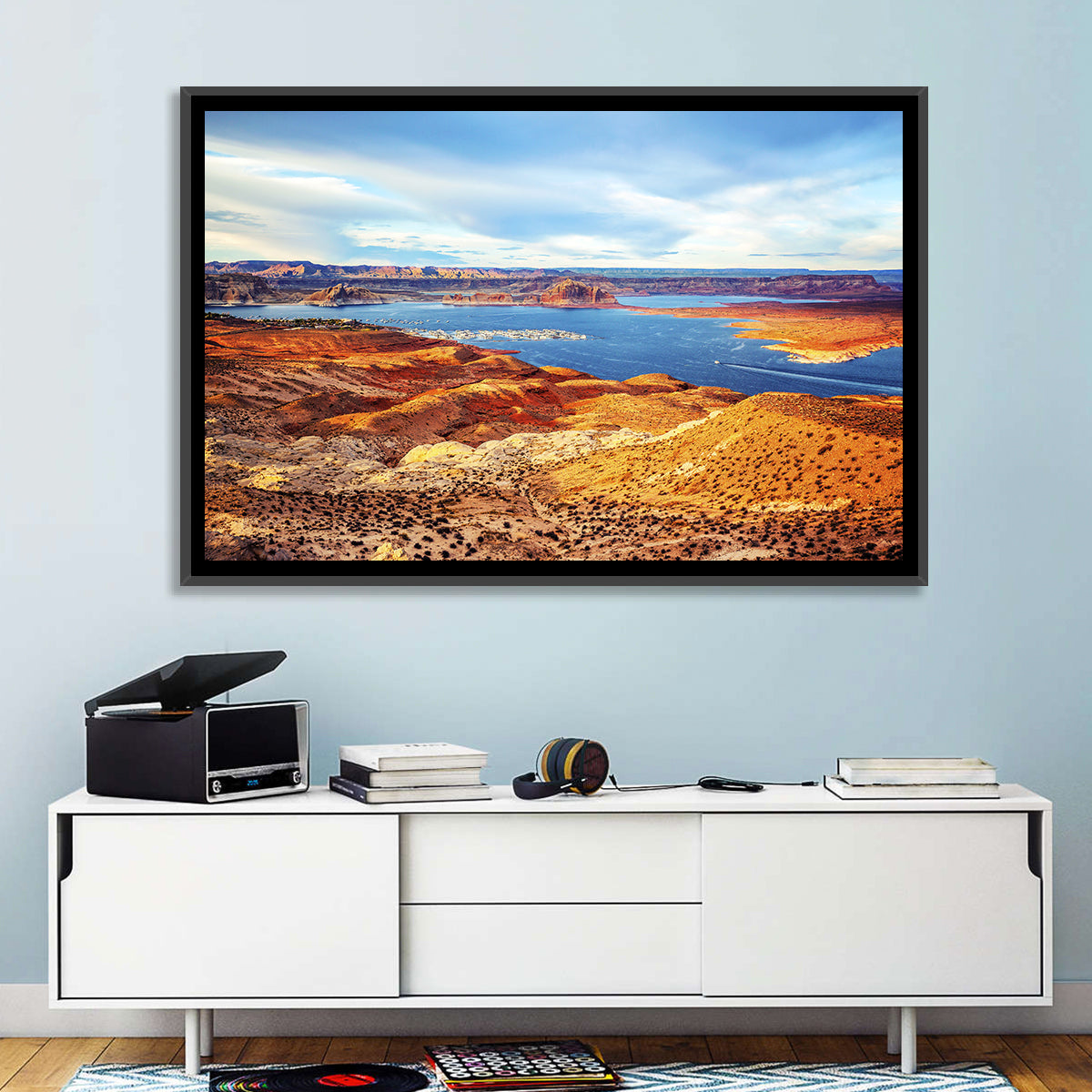 Lake Powell Marina Panorama Wall Art in a room, landscape