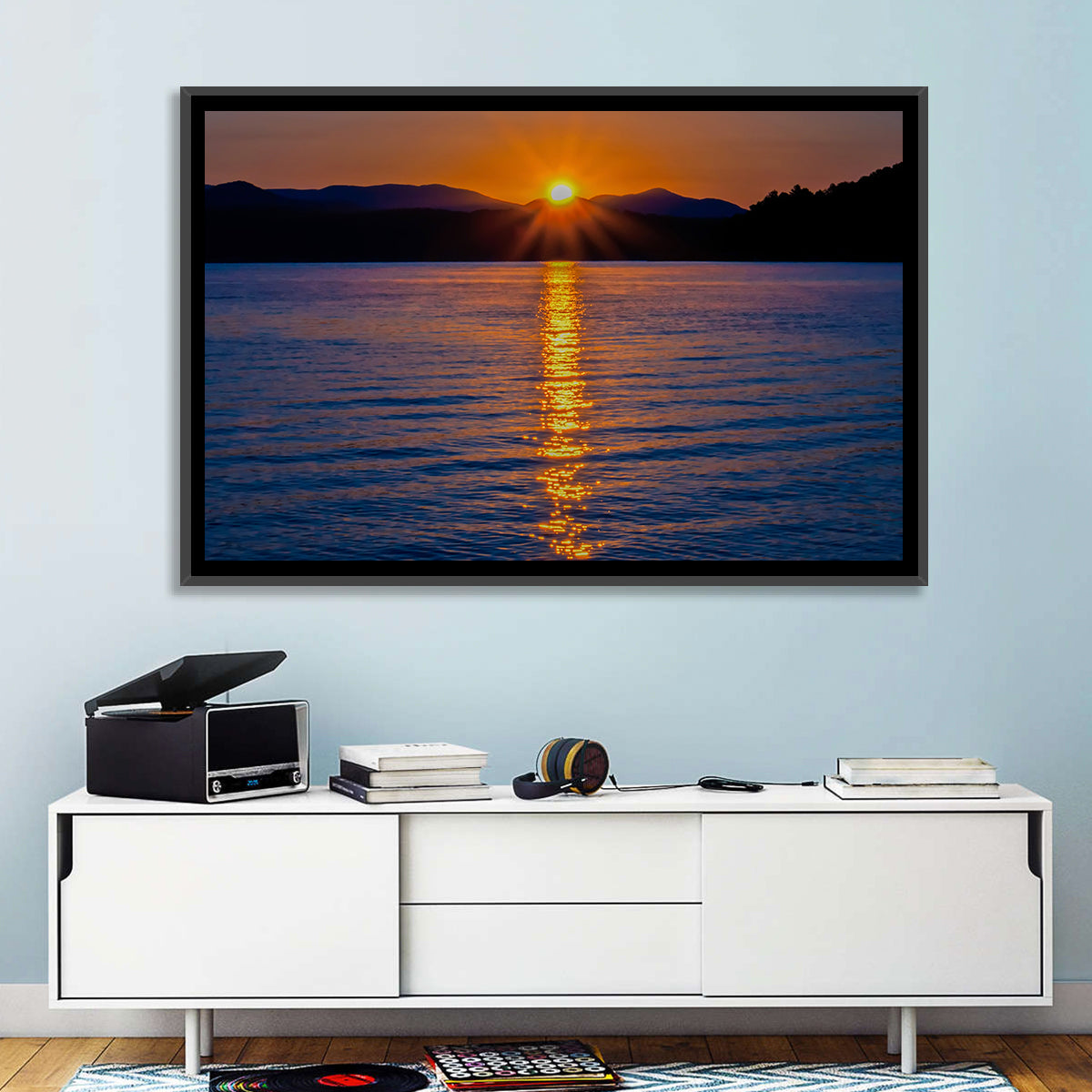 Lake Jocassee Golden Sunrise Wall Art in a room, landscape