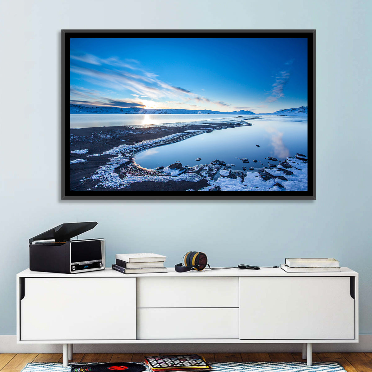 Lake Kleifarvatn Icy Shoreline Wall Art in a room, landscape